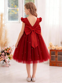 Flower Girl Dress with Ruffled Sleeves Back Bow and Pearl Details for Weddings Parties and Special Occasions