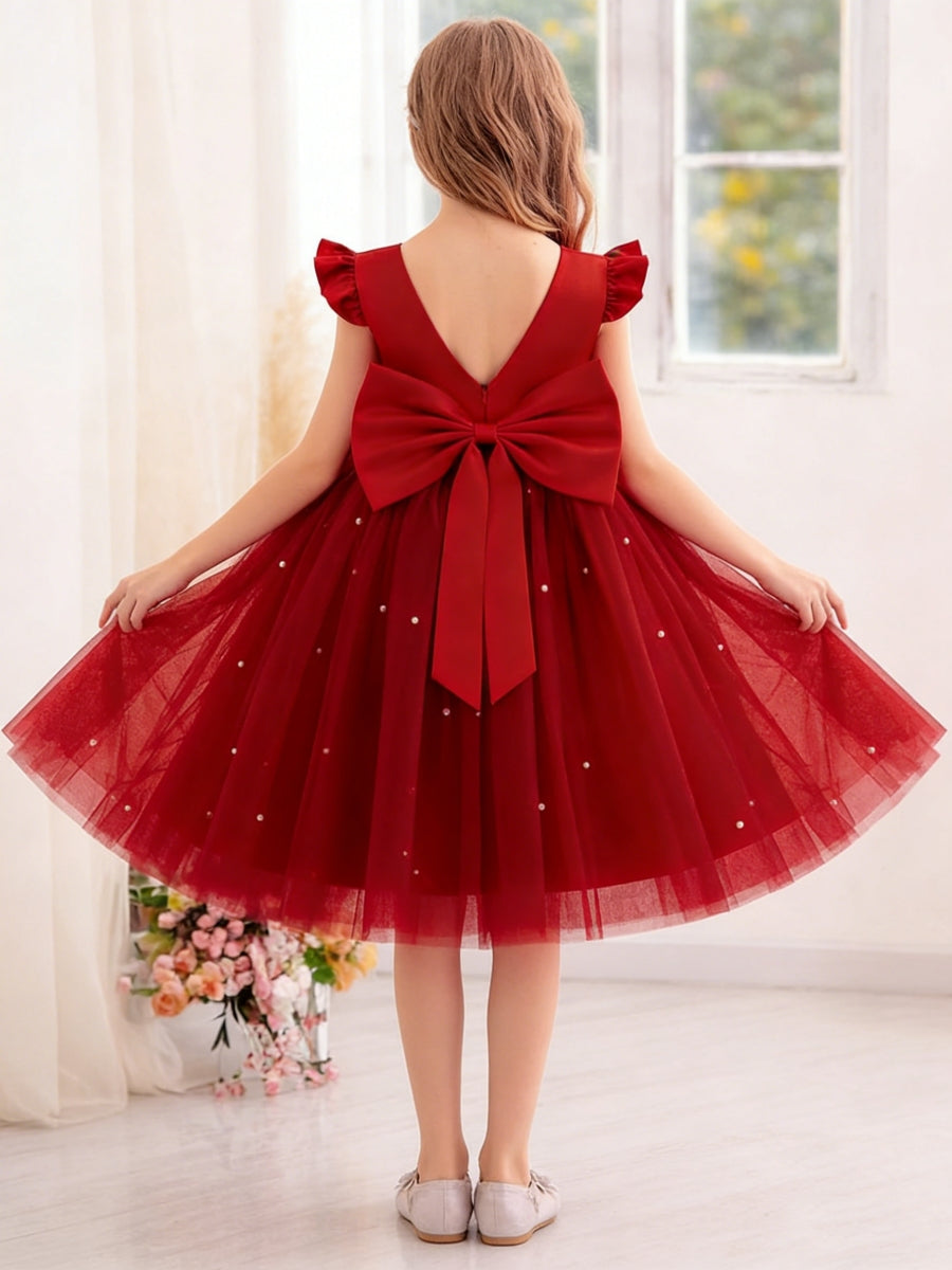 Flower Girl Dress with Ruffled Sleeves Back Bow and Pearl Details for Weddings Parties and Special Occasions