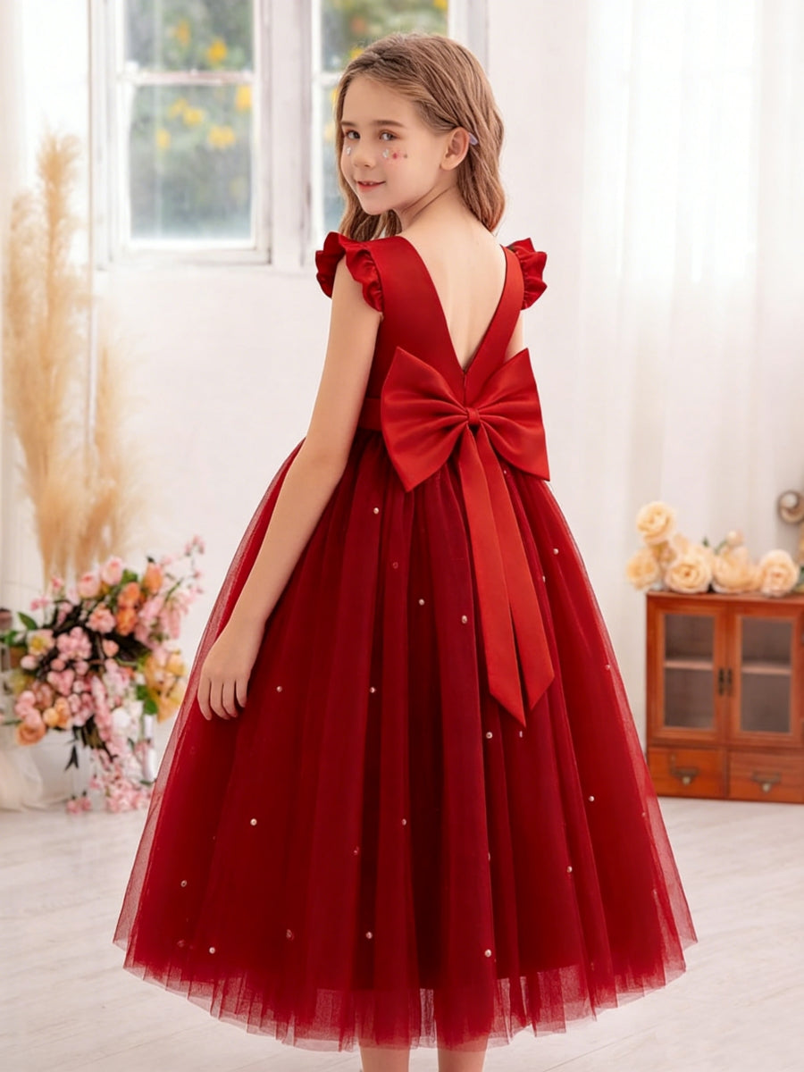 Flower Girl Dress with Ruffled Sleeves Back Bow and Pearl Details for Weddings Parties and Special Occasions