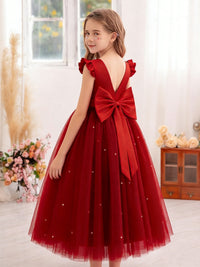 Flower Girl Dress with Ruffled Sleeves Back Bow and Pearl Details for Weddings Parties and Special Occasions