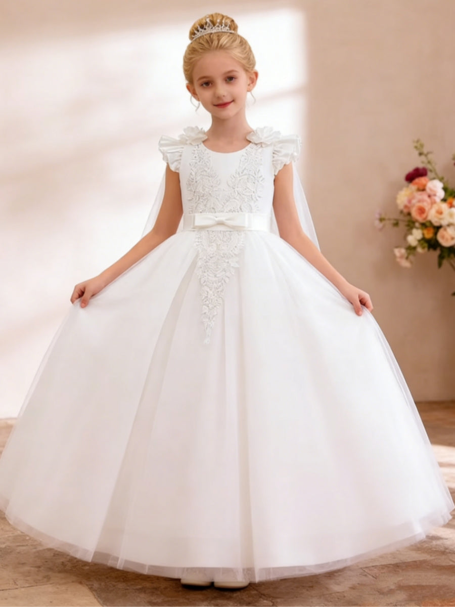 Ruffled Shoulder Flower Girl Dress with Lace Detailing Tulle Cape and Bow Sash for Weddings and Special Occasions