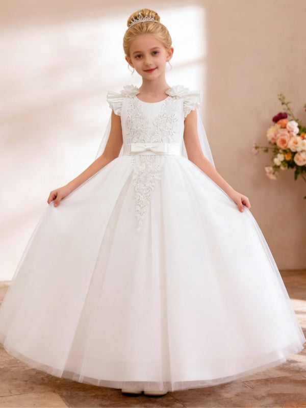 Ruffled Shoulder Flower Girl Dress with Lace Detailing Tulle Cape and Bow Sash for Weddings and Special Occasions
