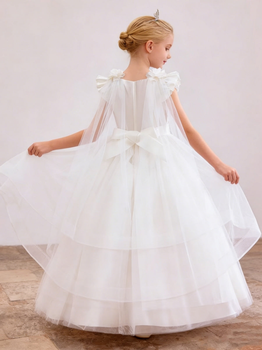 Ruffled Shoulder Flower Girl Dress with Lace Detailing Tulle Cape and Bow Sash for Weddings and Special Occasions