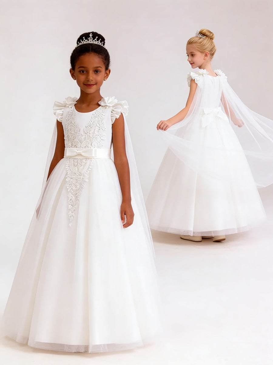 Ruffled Shoulder Flower Girl Dress with Lace Detailing Tulle Cape and Bow Sash for Weddings and Special Occasions