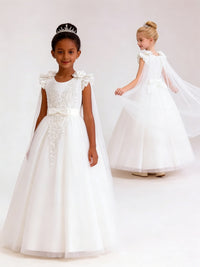 Ruffled Shoulder Flower Girl Dress with Lace Detailing Tulle Cape and Bow Sash for Weddings and Special Occasions