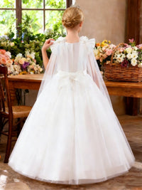 Ruffled Shoulder Flower Girl Dress with Lace Detailing Tulle Cape and Bow Sash for Weddings and Special Occasions