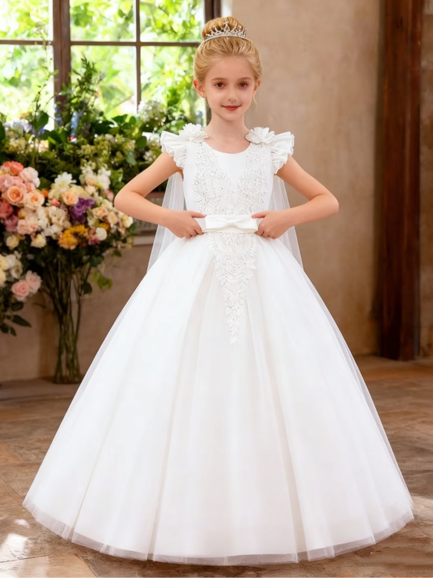 Ruffled Shoulder Flower Girl Dress with Lace Detailing Tulle Cape and Bow Sash for Weddings and Special Occasions