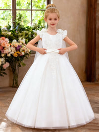 Ruffled Shoulder Flower Girl Dress with Lace Detailing Tulle Cape and Bow Sash for Weddings and Special Occasions