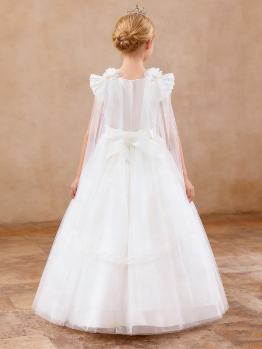 Ruffled Shoulder Flower Girl Dress with Lace Detailing Tulle Cape and Bow Sash for Weddings and Special Occasions
