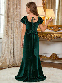 Elegant Velvet Flower Girl Dress with Ruffled Sleeves Side Slit and Bow Detail for Weddings Formal Events and Special Occasions