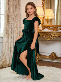 Elegant Velvet Flower Girl Dress with Ruffled Sleeves Side Slit and Bow Detail for Weddings Formal Events and Special Occasions