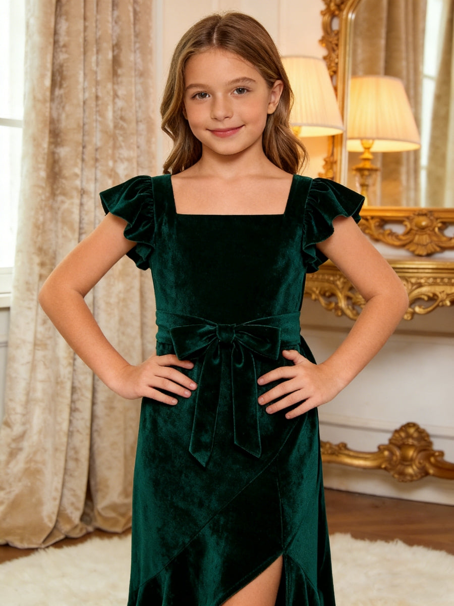 Elegant Velvet Flower Girl Dress with Ruffled Sleeves Side Slit and Bow Detail for Weddings Formal Events and Special Occasions