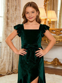 Elegant Velvet Flower Girl Dress with Ruffled Sleeves Side Slit and Bow Detail for Weddings Formal Events and Special Occasions