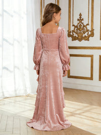 Velvet Flower Girl Dress with Long Puff Sleeves Side Slit and Train for Weddings Formal Events and Special Occasions