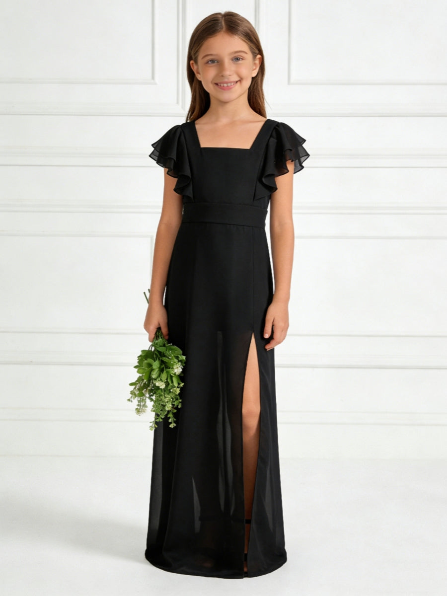 Chic Chiffon Flower Girl Dress with Ruffled Sleeves Side Slit and Tie Back for Weddings Parties and Formal Occasions