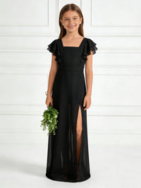 Chic Chiffon Flower Girl Dress with Ruffled Sleeves Side Slit and Tie Back for Weddings Parties and Formal Occasions