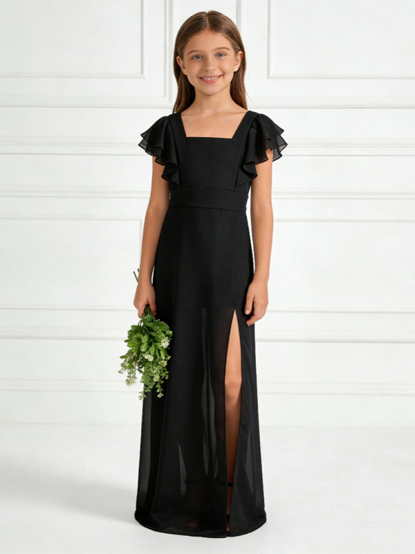 Chic Chiffon Flower Girl Dress with Ruffled Sleeves Side Slit and Tie Back for Weddings Parties and Formal Occasions