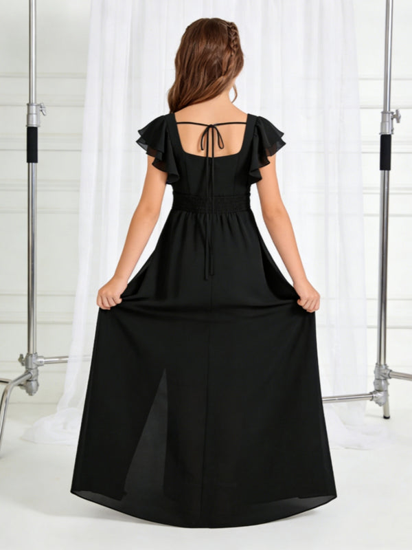 Chic Chiffon Flower Girl Dress with Ruffled Sleeves Side Slit and Tie Back for Weddings Parties and Formal Occasions