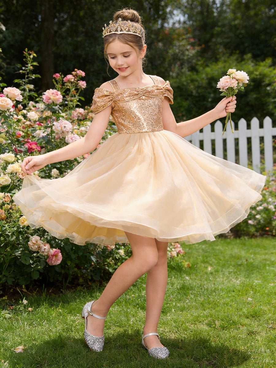 Off the Shoulder Sequin Bodice Flower Girl Dress with Tulle Skirt and Bow Detail for Weddings and Special Occasions