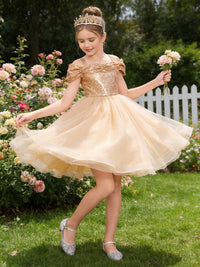 Off the Shoulder Sequin Bodice Flower Girl Dress with Tulle Skirt and Bow Detail for Weddings and Special Occasions