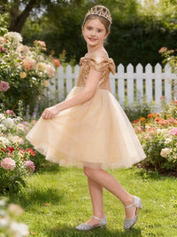 Off the Shoulder Sequin Bodice Flower Girl Dress with Tulle Skirt and Bow Detail for Weddings and Special Occasions