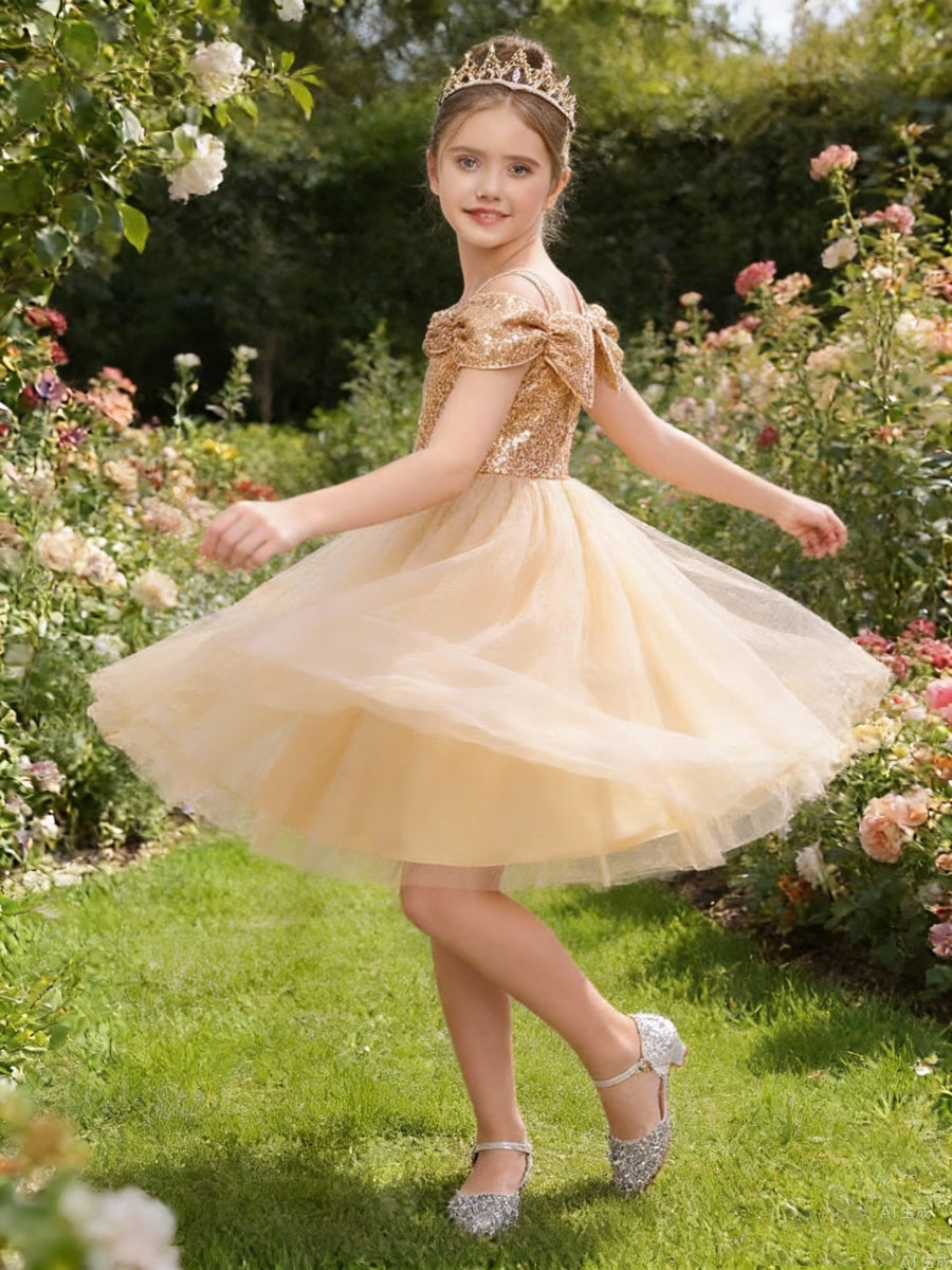 Off the Shoulder Sequin Bodice Flower Girl Dress with Tulle Skirt and Bow Detail for Weddings and Special Occasions