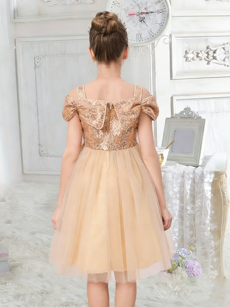 Off the Shoulder Sequin Bodice Flower Girl Dress with Tulle Skirt and Bow Detail for Weddings and Special Occasions