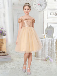 Off the Shoulder Sequin Bodice Flower Girl Dress with Tulle Skirt and Bow Detail for Weddings and Special Occasions