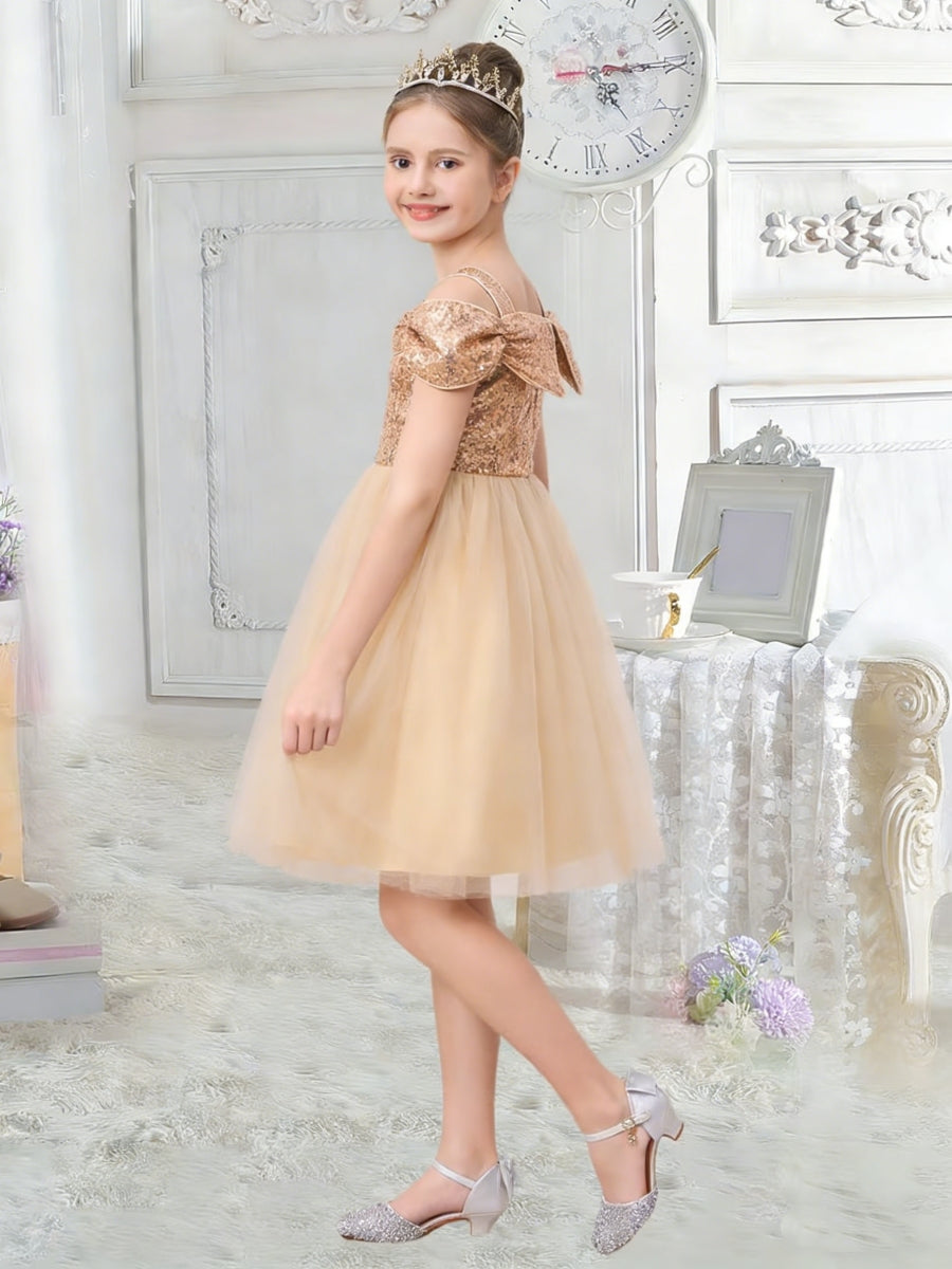 Off the Shoulder Sequin Bodice Flower Girl Dress with Tulle Skirt and Bow Detail for Weddings and Special Occasions
