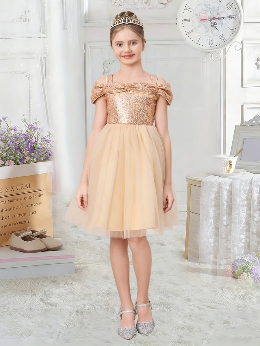 Off the Shoulder Sequin Bodice Flower Girl Dress with Tulle Skirt and Bow Detail for Weddings and Special Occasions