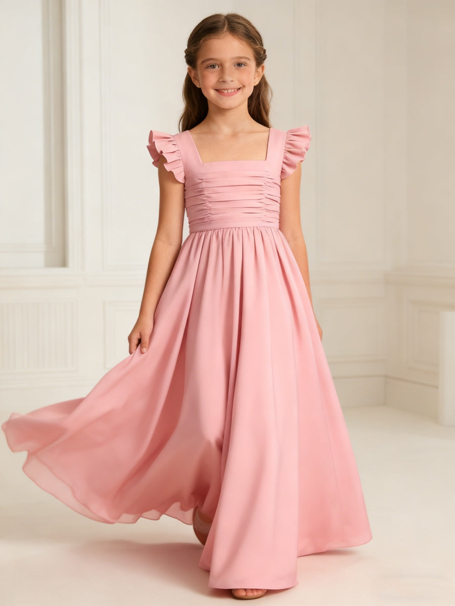 Elegant Ruffled Sleeve Flower Girl Dress with Ruched Bodice for Weddings Formal Events and Special Occasions
