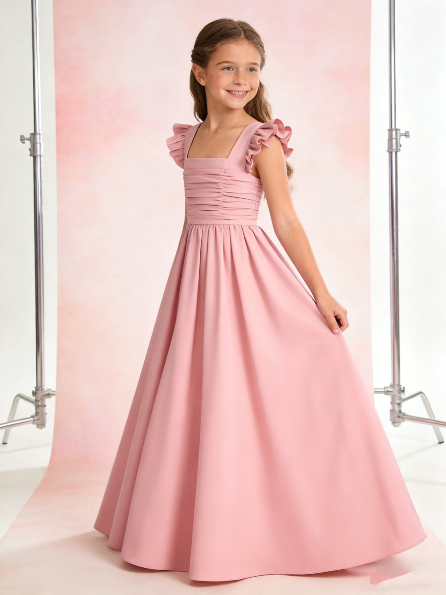 Elegant Ruffled Sleeve Flower Girl Dress with Ruched Bodice for Weddings Formal Events and Special Occasions