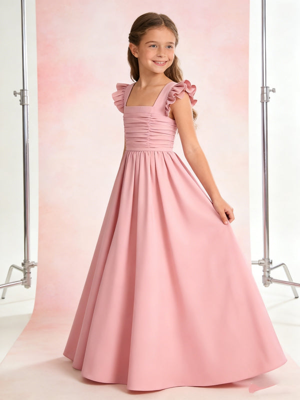 Elegant Ruffled Sleeve Flower Girl Dress with Ruched Bodice for Weddings Formal Events and Special Occasions