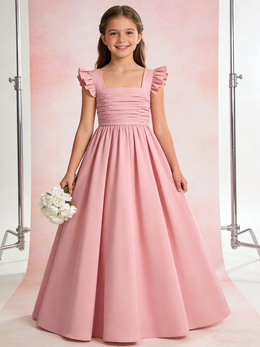 Elegant Ruffled Sleeve Flower Girl Dress with Ruched Bodice for Weddings Formal Events and Special Occasions