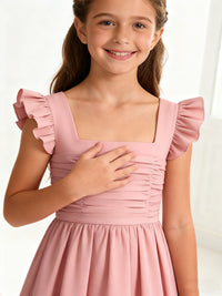 Elegant Ruffled Sleeve Flower Girl Dress with Ruched Bodice for Weddings Formal Events and Special Occasions