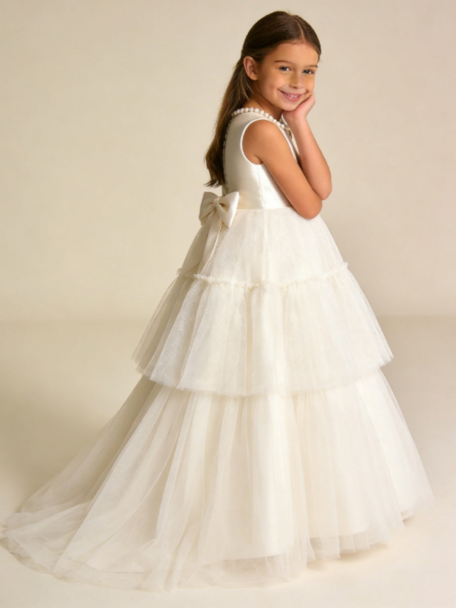 Pearl Accent Sleeveless Flower Girl Dress with Tiered Tulle Skirt and Back Bow for Weddings Formal Events and Special Occasions