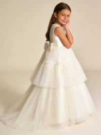 Pearl Accent Sleeveless Flower Girl Dress with Tiered Tulle Skirt and Back Bow for Weddings Formal Events and Special Occasions