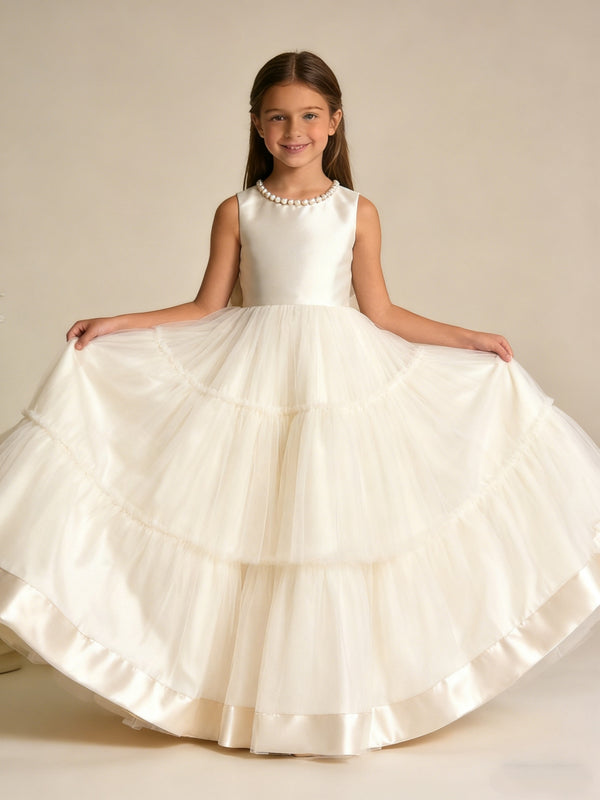Pearl Accent Sleeveless Flower Girl Dress with Tiered Tulle Skirt and Back Bow for Weddings Formal Events and Special Occasions