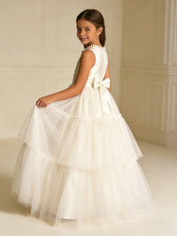 Pearl Accent Sleeveless Flower Girl Dress with Tiered Tulle Skirt and Back Bow for Weddings Formal Events and Special Occasions