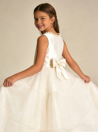 Pearl Accent Sleeveless Flower Girl Dress with Tiered Tulle Skirt and Back Bow for Weddings Formal Events and Special Occasions