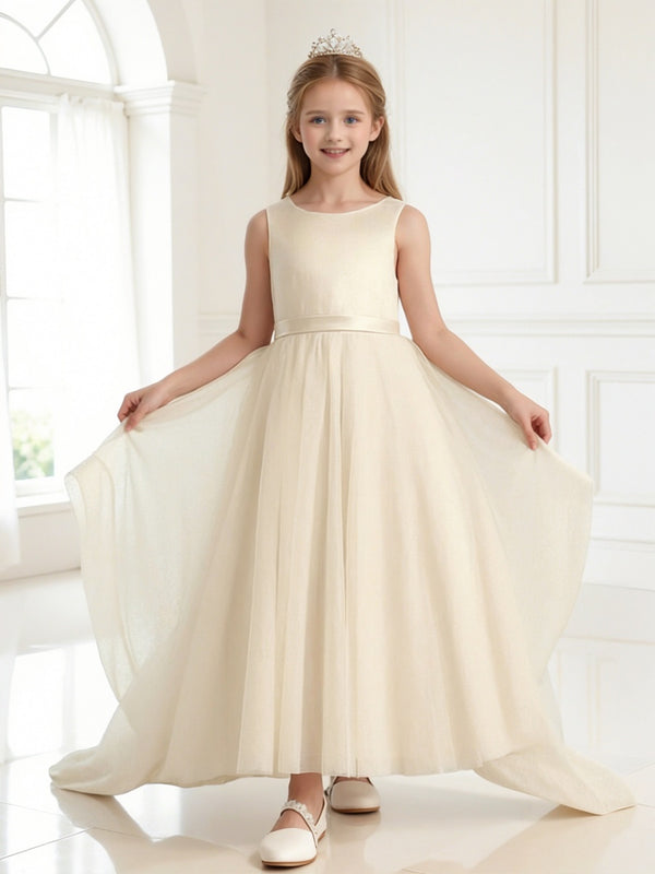 Sleeveless Flower Girl Dress with Round Neck Tiered Tulle Skirt and Back Bow for Weddings Formal Events and Special Occasions