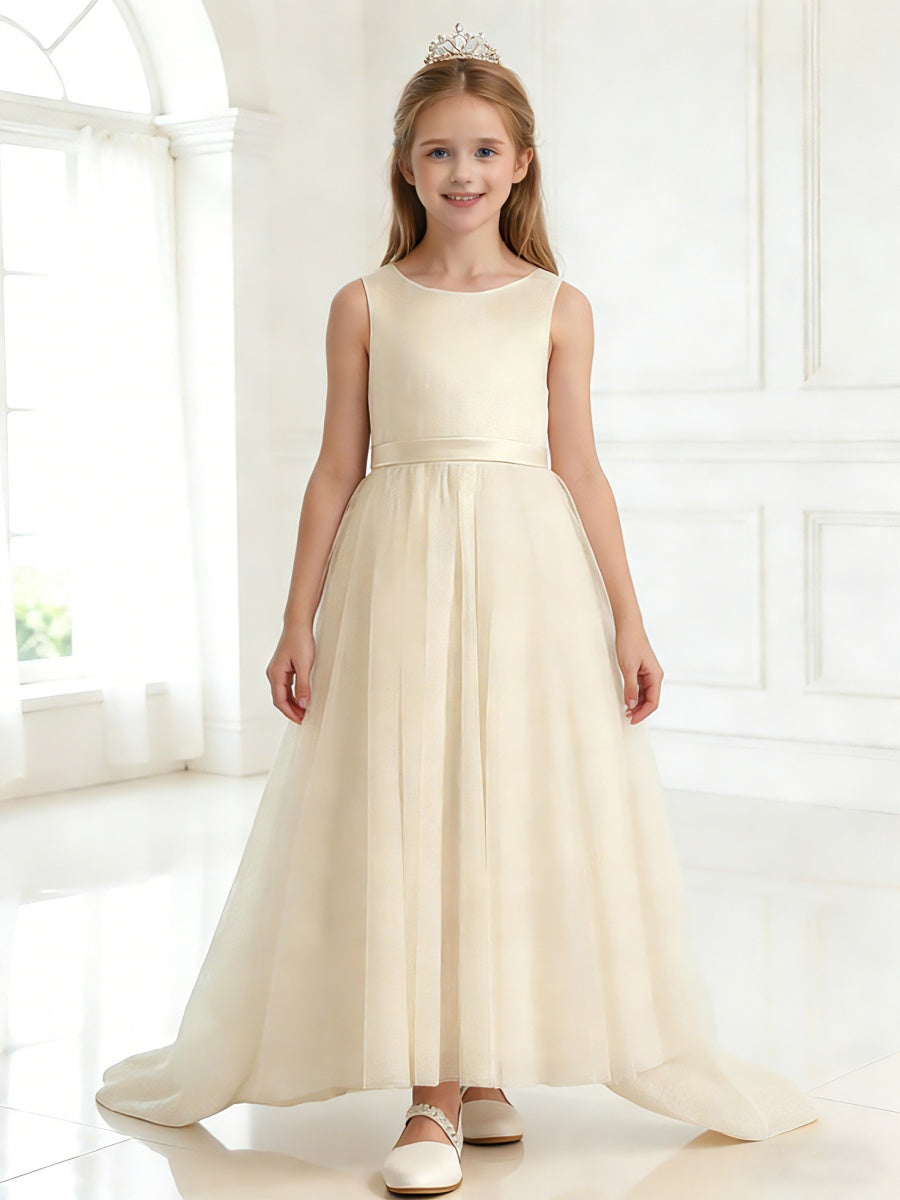 Sleeveless Flower Girl Dress with Round Neck Tiered Tulle Skirt and Back Bow for Weddings Formal Events and Special Occasions
