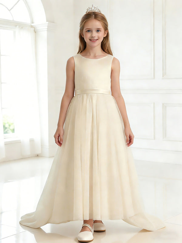 Sleeveless Flower Girl Dress with Round Neck Tiered Tulle Skirt and Back Bow for Weddings Formal Events and Special Occasions