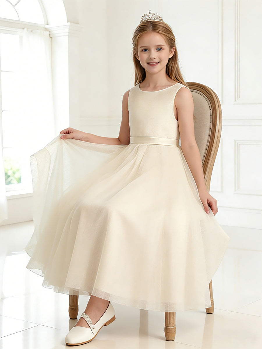 Sleeveless Flower Girl Dress with Round Neck Tiered Tulle Skirt and Back Bow for Weddings Formal Events and Special Occasions