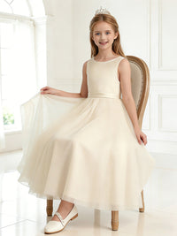 Sleeveless Flower Girl Dress with Round Neck Tiered Tulle Skirt and Back Bow for Weddings Formal Events and Special Occasions