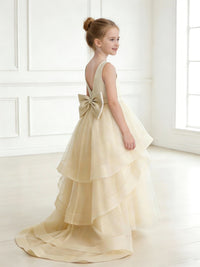 Sleeveless Flower Girl Dress with Round Neck Tiered Tulle Skirt and Back Bow for Weddings Formal Events and Special Occasions