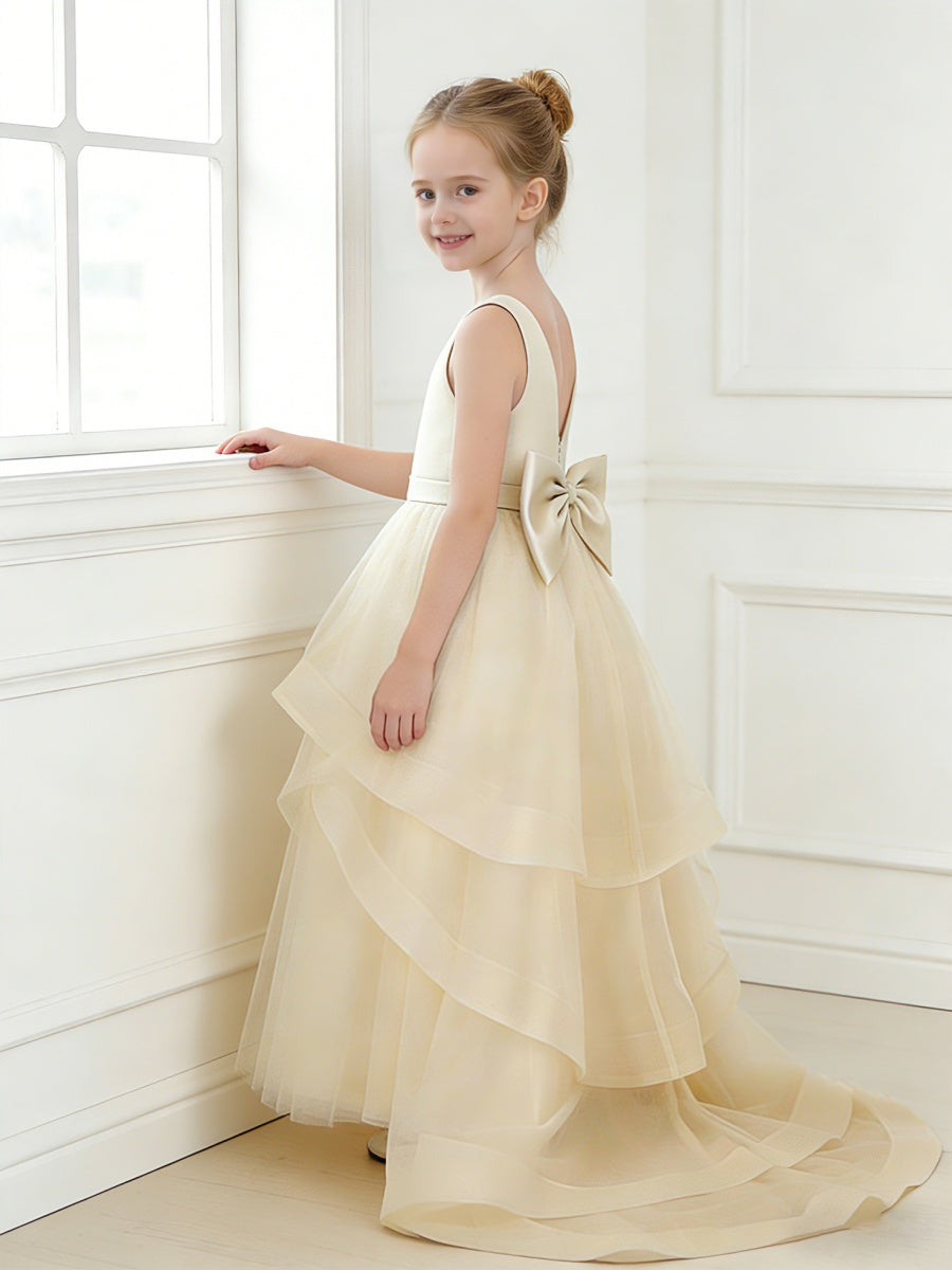 Sleeveless Flower Girl Dress with Round Neck Tiered Tulle Skirt and Back Bow for Weddings Formal Events and Special Occasions