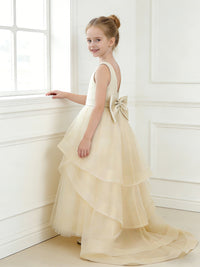 Sleeveless Flower Girl Dress with Round Neck Tiered Tulle Skirt and Back Bow for Weddings Formal Events and Special Occasions