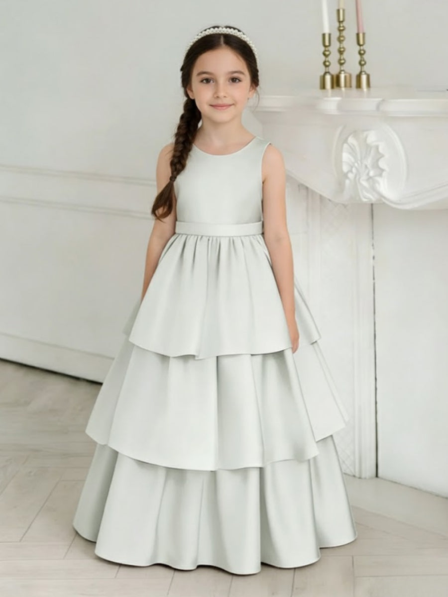 Flower Girl Dress with Tiered Satin Skirt Large Back Bow and Open Back for Weddings Formal Events and Special Occasions
