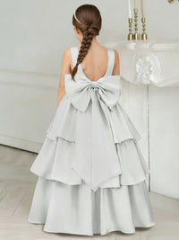 Flower Girl Dress with Tiered Satin Skirt Large Back Bow and Open Back for Weddings Formal Events and Special Occasions